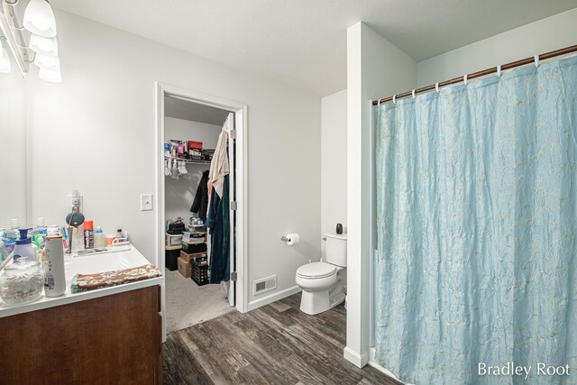 8161 W Sturtevant Ave, Richland, MI 49083 - bathroom with wood finished floors, toilet, vanity, a spacious closet, and baseboards