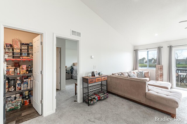 8161 W Sturtevant Ave, Richland, MI 49083 - living room with carpet floors, high vaulted ceiling, and recessed lighting
