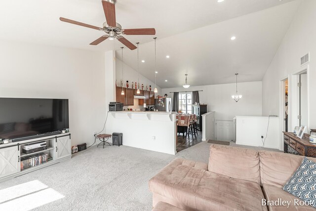 8161 W Sturtevant Ave, Richland, MI 49083 - carpeted living room featuring a ceiling fan, high vaulted ceiling, and recessed lighting
