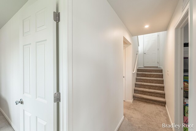 8161 W Sturtevant Ave, Richland, MI 49083 - hallway featuring light carpet, baseboards, stairs, and recessed lighting
