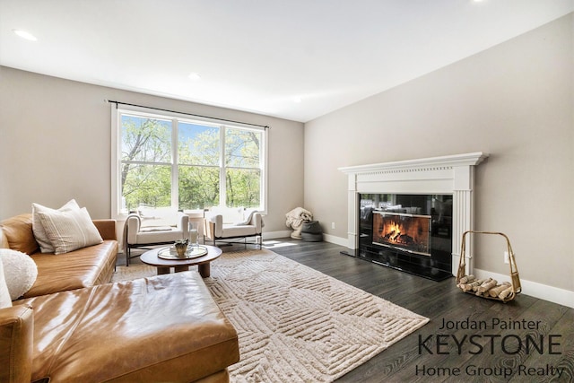 3673 Hunters Way Dr SE, Ada, MI 49301 - living room with recessed lighting, wood finished floors, baseboards, and a glass covered fireplace
