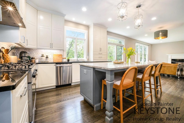 3673 Hunters Way Dr SE, Ada, MI 49301 - kitchen with appliances with stainless steel finishes, wall chimney exhaust hood, plenty of natural light, recessed lighting, and dark wood-style flooring