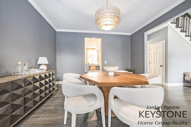 3673 Hunters Way Dr SE, Ada, MI 49301 - dining space featuring dark wood-style floors, baseboards, stairway, and ornamental molding