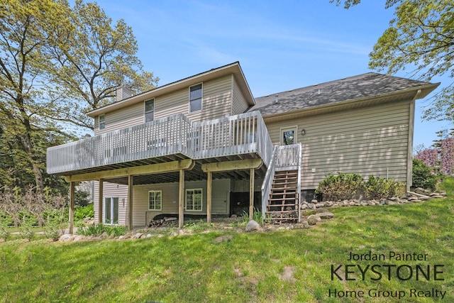 3673 Hunters Way Dr SE, Ada, MI 49301 - back of property featuring a wooden deck, a yard, stairway, and a chimney