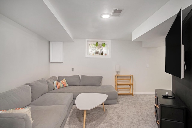 living room with light colored carpet and baseboards