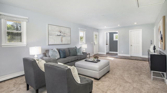 living room featuring recessed lighting, a baseboard radiator, carpet flooring, and baseboards