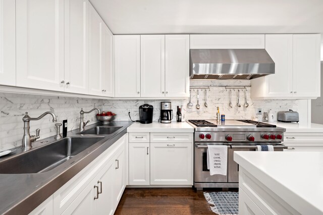 50102 Alpine Blvd, New Buffalo, MI 49117 - kitchen featuring wall chimney range hood, luxury stove, tasteful backsplash, and white cabinetry