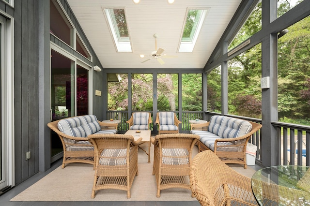 50102 Alpine Blvd, New Buffalo, MI 49117 - sunroom / solarium featuring a skylight, an outdoor living space, lofted ceiling, and a ceiling fan