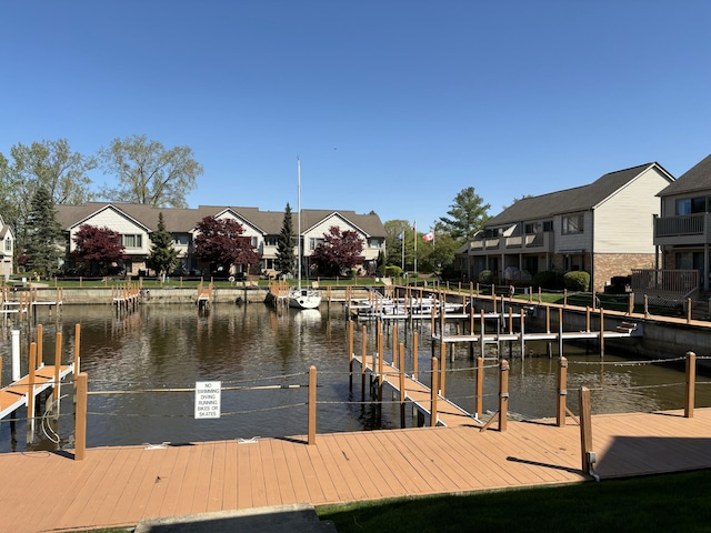 dock featuring a water view and a residential view