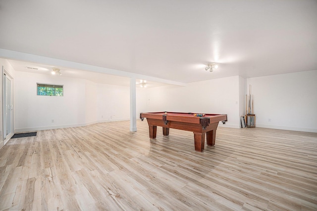 playroom with light wood-type flooring, baseboards, and pool table