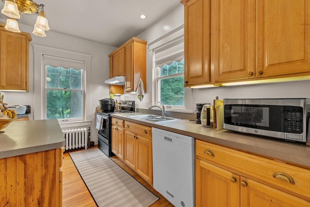 2486 Whitmore Lake Rd, Ann Arbor, MI 48105 - kitchen featuring stainless steel appliances, radiator, a sink, under cabinet range hood, and light wood-style flooring