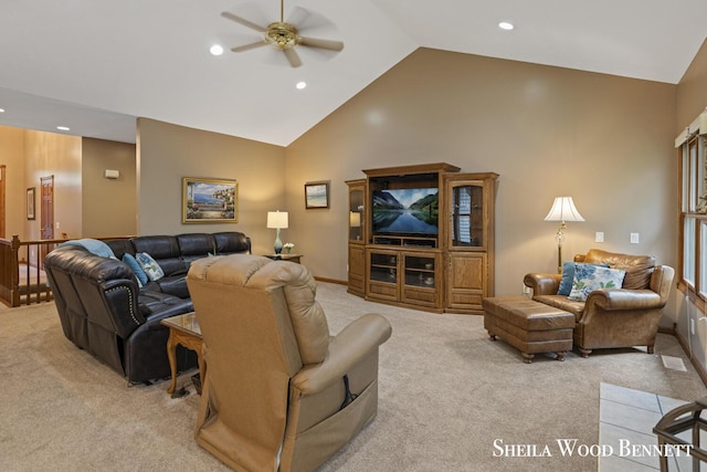 903 10 Mile Rd NW, Sparta, MI 49345 - living area featuring light colored carpet, ceiling fan, recessed lighting, high vaulted ceiling, and baseboards