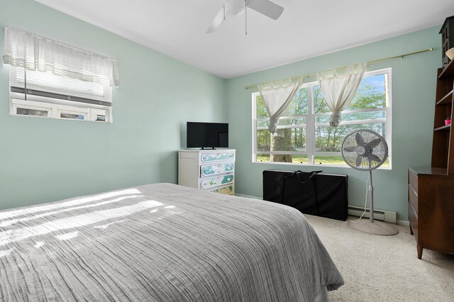 10982 Beech Is, Plainwell, MI 49080 - bedroom with multiple windows, baseboard heating, carpet, and ceiling fan