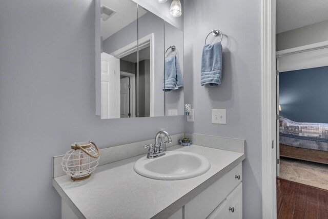 bathroom with wood finished floors and vanity