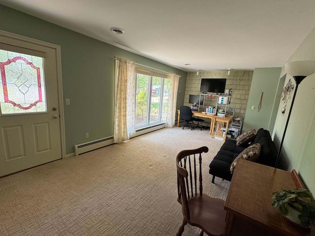 carpeted home office featuring a baseboard radiator