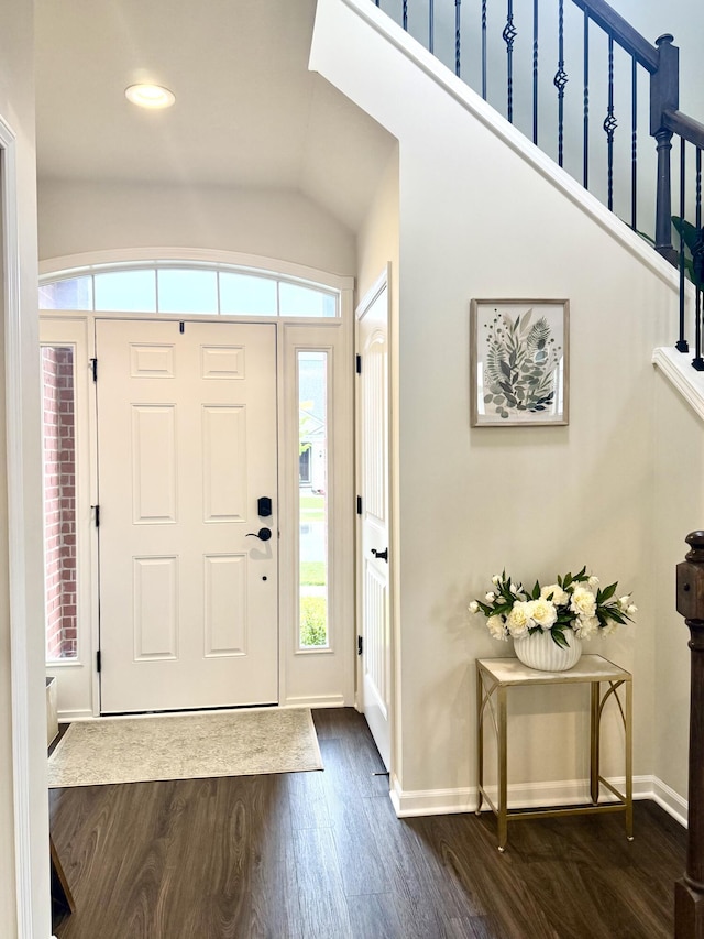 2767 St Regis Way, Ann Arbor, MI 48105 - foyer entrance featuring baseboards, dark wood finished floors, vaulted ceiling, stairs, and recessed lighting