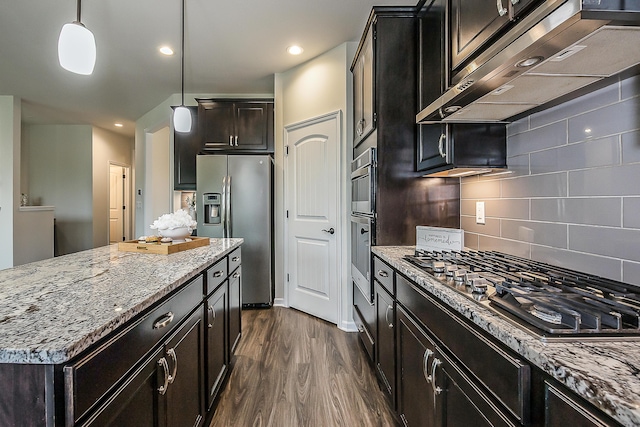 2767 St Regis Way, Ann Arbor, MI 48105 - kitchen featuring stainless steel appliances, dark wood-style floors, range hood, light stone counters, and decorative backsplash
