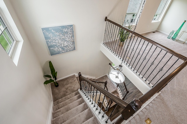 2767 St Regis Way, Ann Arbor, MI 48105 - stairs featuring carpet floors, a towering ceiling, and baseboards