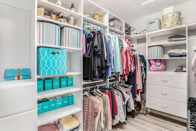 walk in closet with wood finished floors