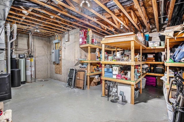 unfinished below grade area featuring gas water heater and electric panel