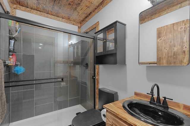 23748 Cutler Rd, Newaygo, MI 49337 - full bath featuring a shower stall, vanity, toilet, and wood ceiling