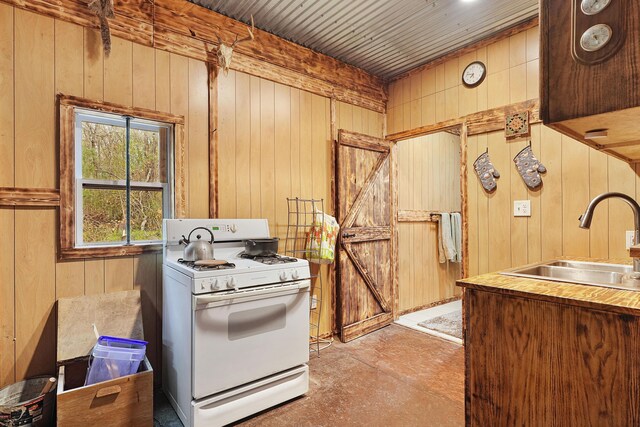 23748 Cutler Rd, Newaygo, MI 49337 - kitchen featuring white gas range oven, a sink, and wooden walls