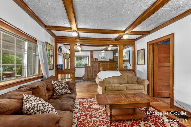 626 Academy St, Portland, MI 48875 - living area with wood finished floors, beam ceiling, a textured ceiling, and coffered ceiling