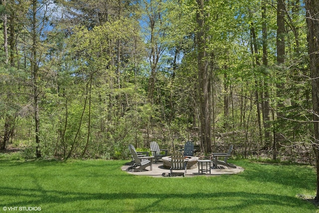 6490 E Chikaming, Sawyer, MI 49125 - view of grassy yard featuring an outdoor fire pit, a patio area, and a forest view