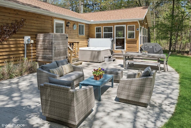 6490 E Chikaming, Sawyer, MI 49125 - view of patio with an outdoor living space, a hot tub, and entry steps