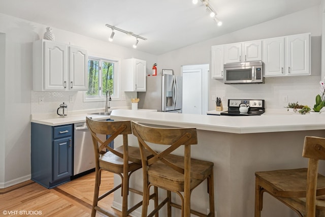 6490 E Chikaming, Sawyer, MI 49125 - kitchen with appliances with stainless steel finishes, rail lighting, blue cabinets, a breakfast bar, and vaulted ceiling