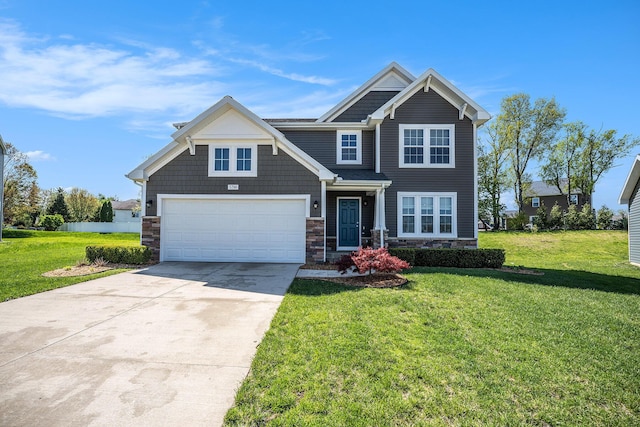 5790 Paxton Ct, Portage, MI 49024 - craftsman-style house with driveway, a front yard, and stone siding