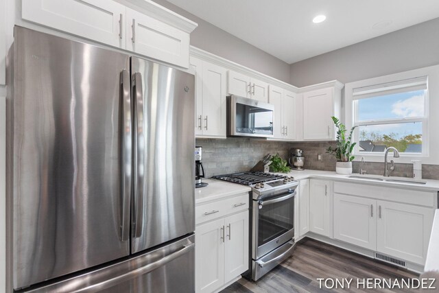 7104 Crimson Ct, Hudsonville, MI 49426 - kitchen with appliances with stainless steel finishes, a sink, light countertops, white cabinetry, and dark wood-type flooring