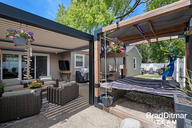 2151 Anderson Dr SE, Grand Rapids, MI 49506 - view of patio / terrace featuring fence, a pergola, an outdoor hangout area, and a grill