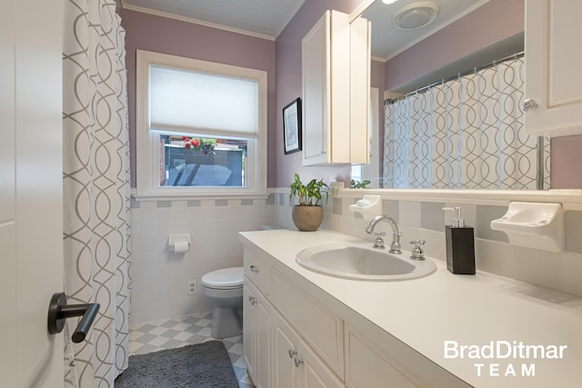 2151 Anderson Dr SE, Grand Rapids, MI 49506 - bathroom with crown molding, vanity, toilet, tile walls, and curtained shower