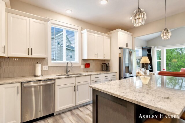 4700 Albright Ct SW Unit 6, Wyoming, MI 49418 - kitchen with appliances with stainless steel finishes, a sink, white cabinets, backsplash, and a chandelier