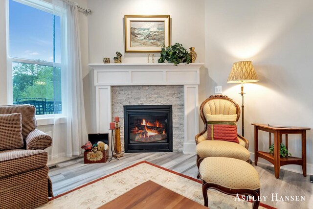 4700 Albright Ct SW Unit 6, Wyoming, MI 49418 - living area featuring light wood-style flooring, a fireplace, and baseboards