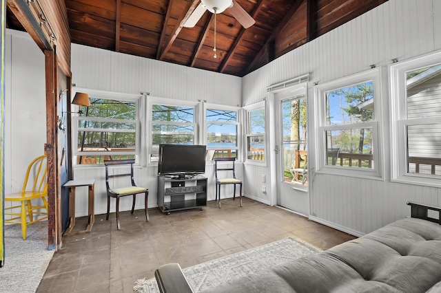 1098210976 Beech Is, Plainwell, MI 49080 - sunroom / solarium featuring wooden ceiling, beam ceiling, high vaulted ceiling, and wood walls