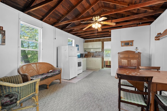 1098210976 Beech Is, Plainwell, MI 49080 - kitchen with white appliances, wooden ceiling, a ceiling fan, light colored carpet, and a sink