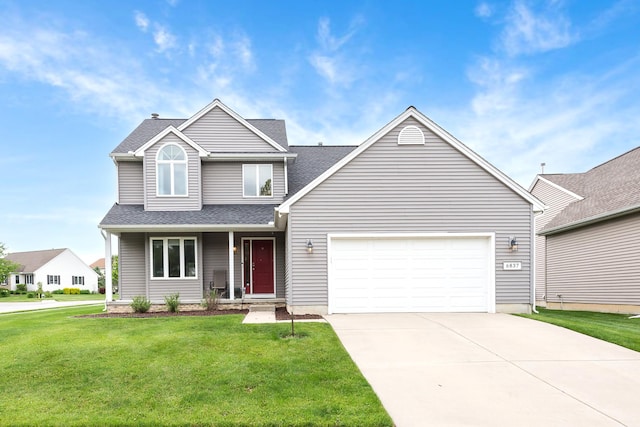 6837 Wellington Dr, Dexter, MI 48130 - traditional-style home with an attached garage, a front yard, driveway, a shingled roof, and covered porch