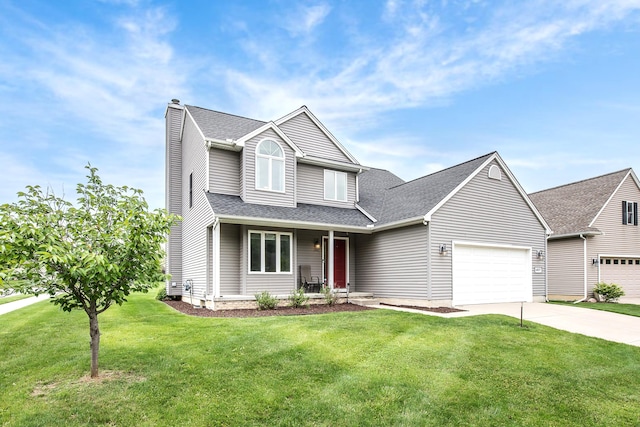 6837 Wellington Dr, Dexter, MI 48130 - traditional home featuring a chimney, concrete driveway, a garage, a front yard, and roof with shingles