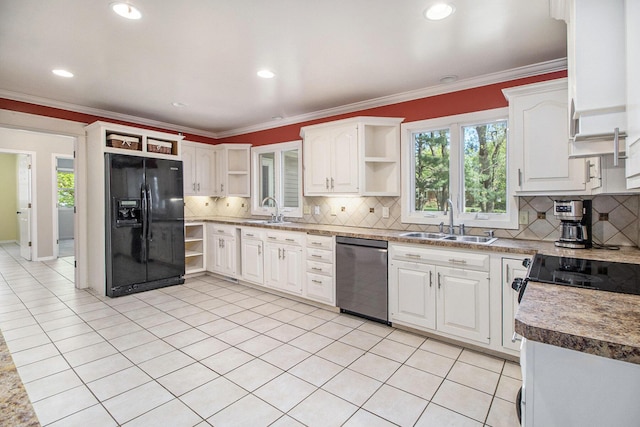 2314 Hickory Point Dr N, Portage, MI 49024 - kitchen with open shelves, dishwasher, black fridge, a sink, and white cabinets