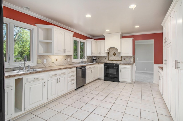2314 Hickory Point Dr N, Portage, MI 49024 - kitchen featuring black range with electric cooktop, stainless steel dishwasher, a sink, white cabinetry, and ornamental molding
