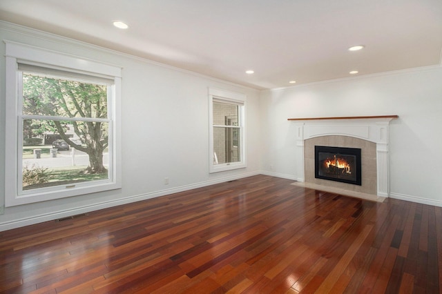 2314 Hickory Point Dr N, Portage, MI 49024 - unfurnished living room with a fireplace, hardwood / wood-style floors, ornamental molding, recessed lighting, and baseboards