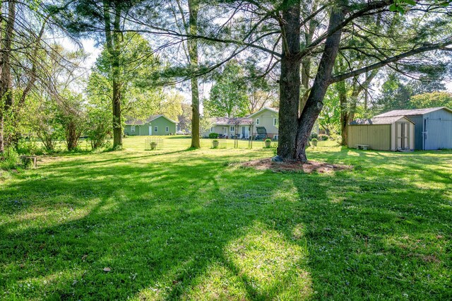 9017 N Main St, Berrien Springs, MI 49103 - view of grassy yard with a storage unit and an outbuilding