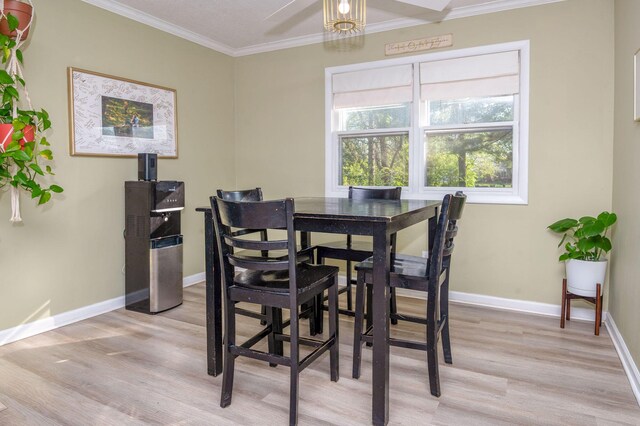 9017 N Main St, Berrien Springs, MI 49103 - dining area featuring crown molding, light wood-style floors, baseboards, and a ceiling fan