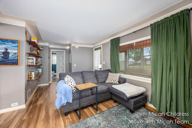 living area featuring wood finished floors, baseboards, and ornamental molding