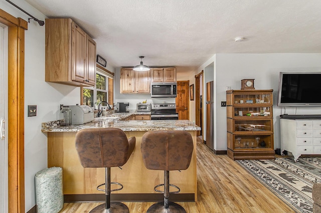 3897 N Chief Pontiac Trl, Branch, MI 49402 - kitchen featuring appliances with stainless steel finishes, light wood finished floors, a sink, a peninsula, and light stone countertops