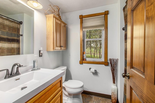 3897 N Chief Pontiac Trl, Branch, MI 49402 - bathroom featuring baseboards, toilet, vanity, and stone finish floors