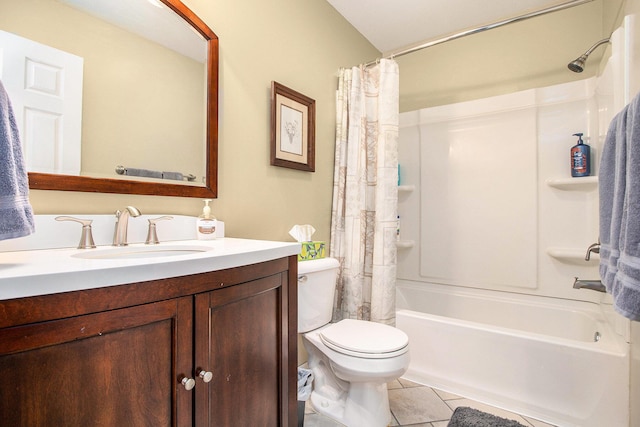 232 Embury Dr, Battle Creek, MI 49014 - bathroom with vanity, tile patterned floors, shower / tub combo with curtain, and toilet