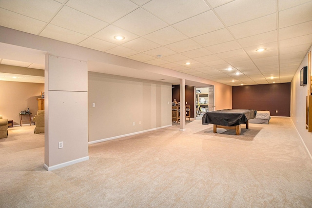232 Embury Dr, Battle Creek, MI 49014 - playroom featuring carpet, pool table, recessed lighting, baseboards, and a paneled ceiling